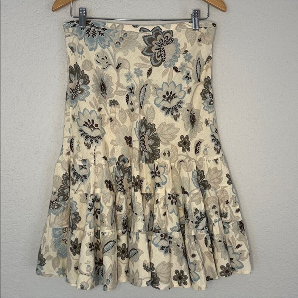 Ann Taylor 100% Linen Tiered Skirt Floral Cottage Boho Prairie Casual Summer 2P - Picture 1 of 5
